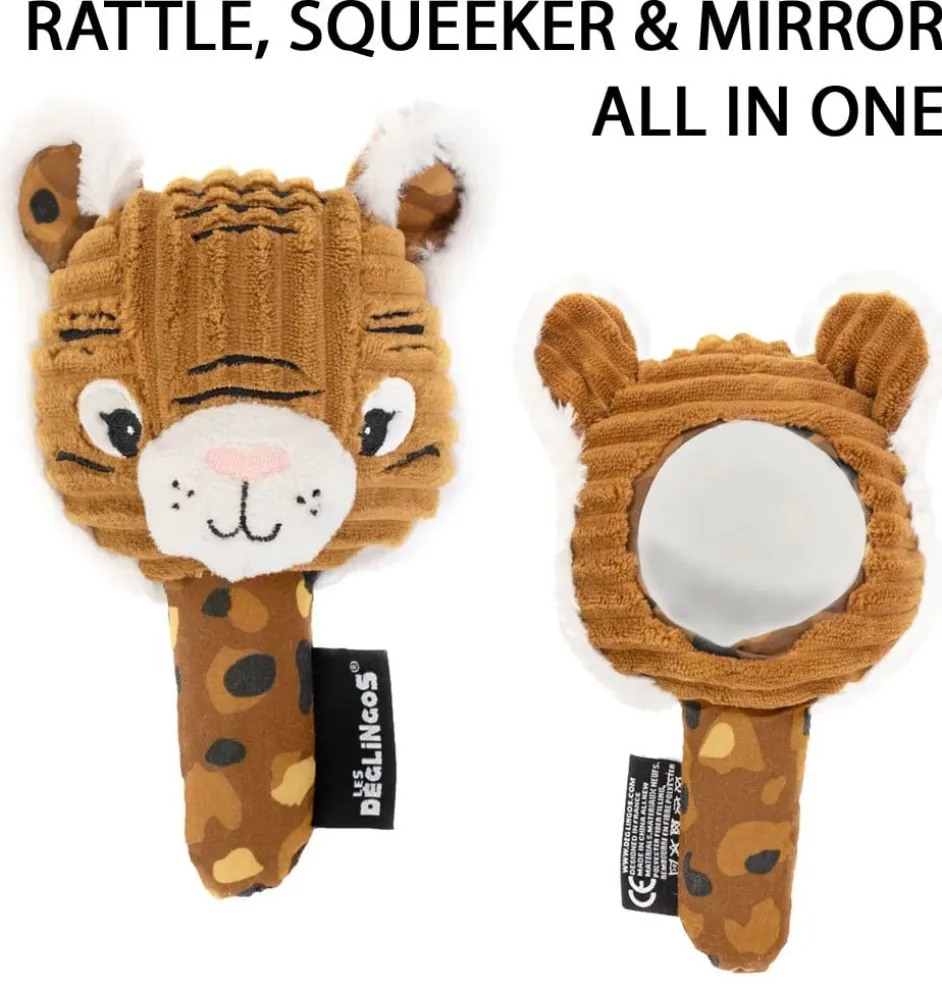Les Du00e9glingos tijger rammelaar en piepspeeltje met spiegel