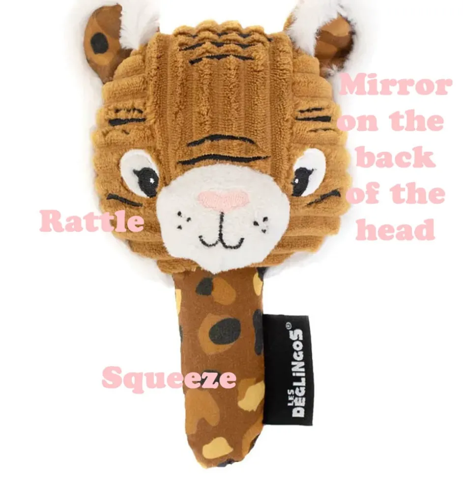 Les Du00e9glingos tijger rammelaar en piepspeeltje met spiegel